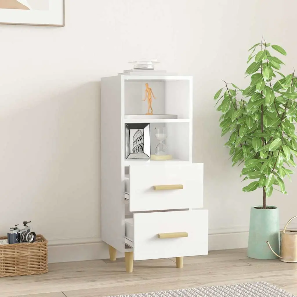 High Gloss White Sideboard 2 Drawers 2 Shelves Engineered Wood Storage Cabinet