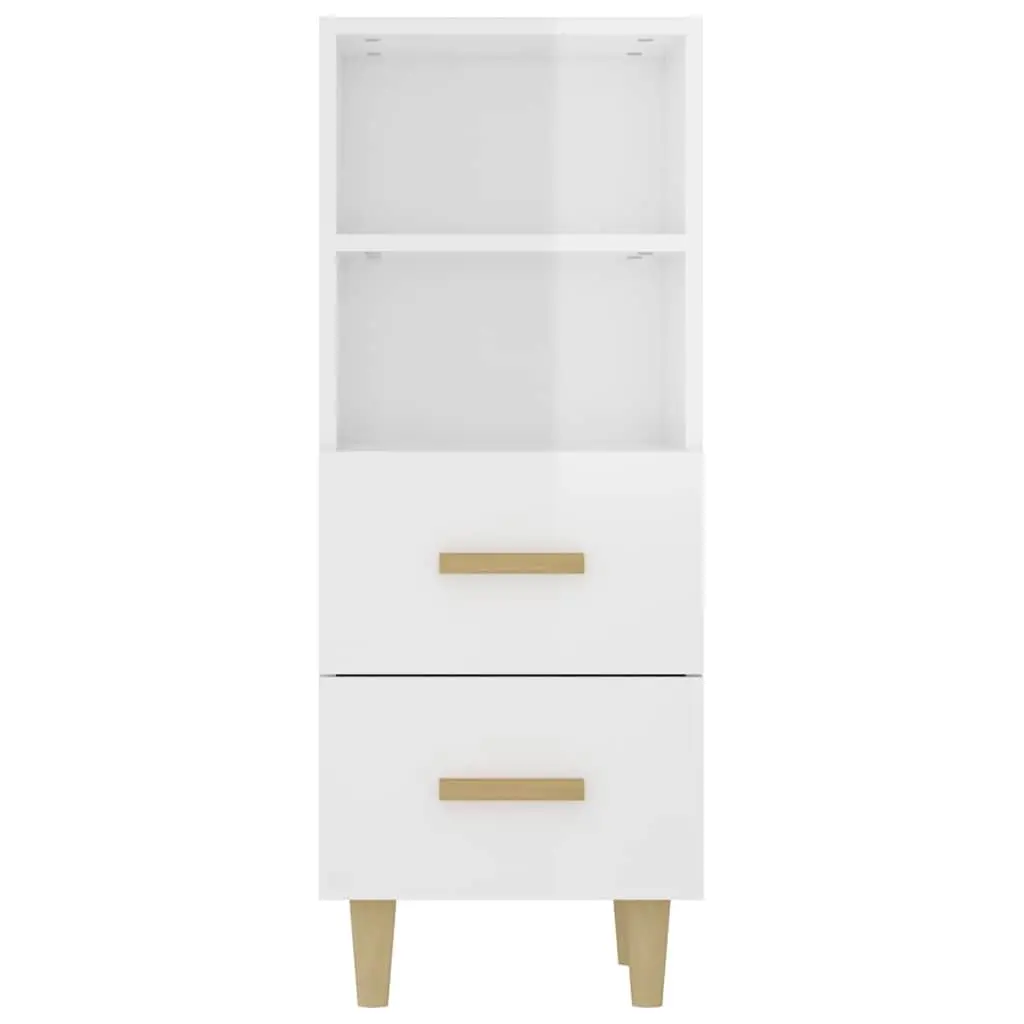 High Gloss White Sideboard 2 Drawers 2 Shelves Engineered Wood Storage Cabinet