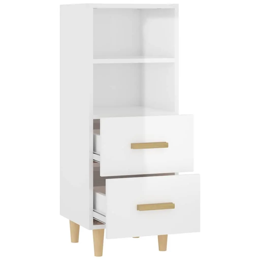 High Gloss White Sideboard 2 Drawers 2 Shelves Engineered Wood Storage Cabinet