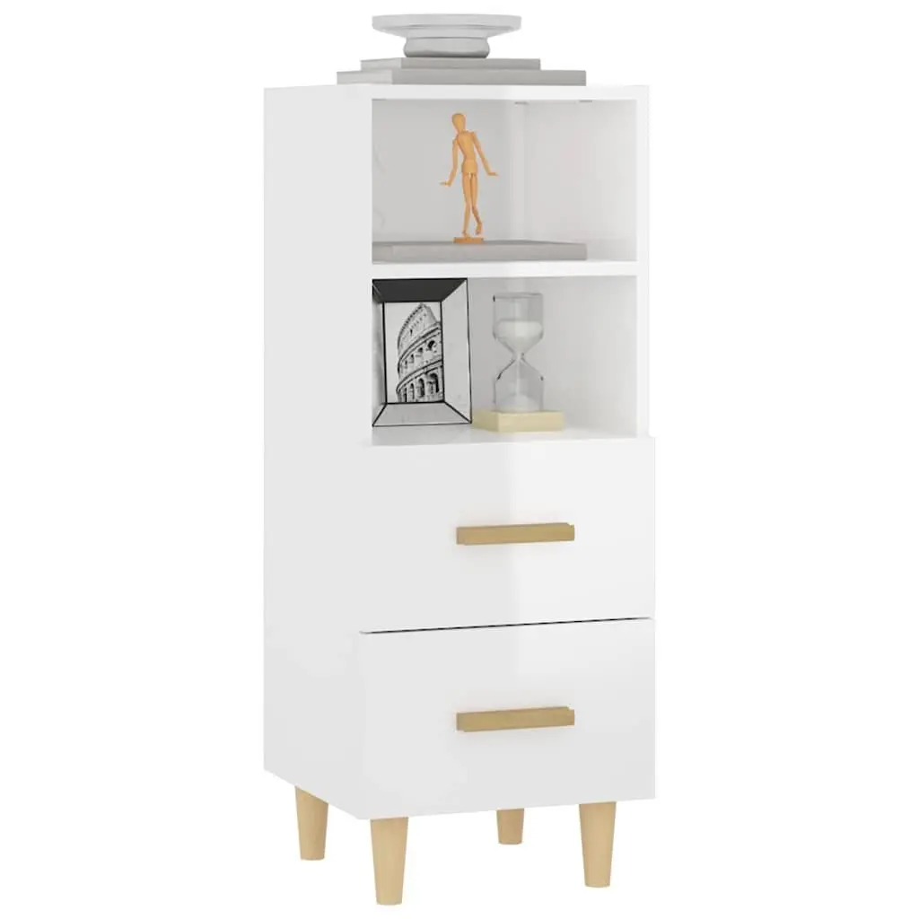 High Gloss White Sideboard 2 Drawers 2 Shelves Engineered Wood Storage Cabinet