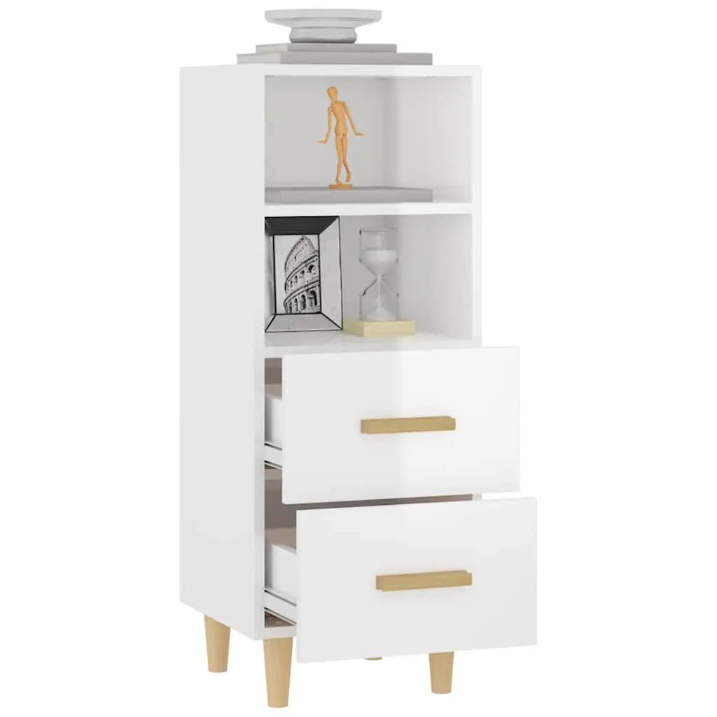 High Gloss White Sideboard 2 Drawers 2 Shelves Engineered Wood Storage Cabinet