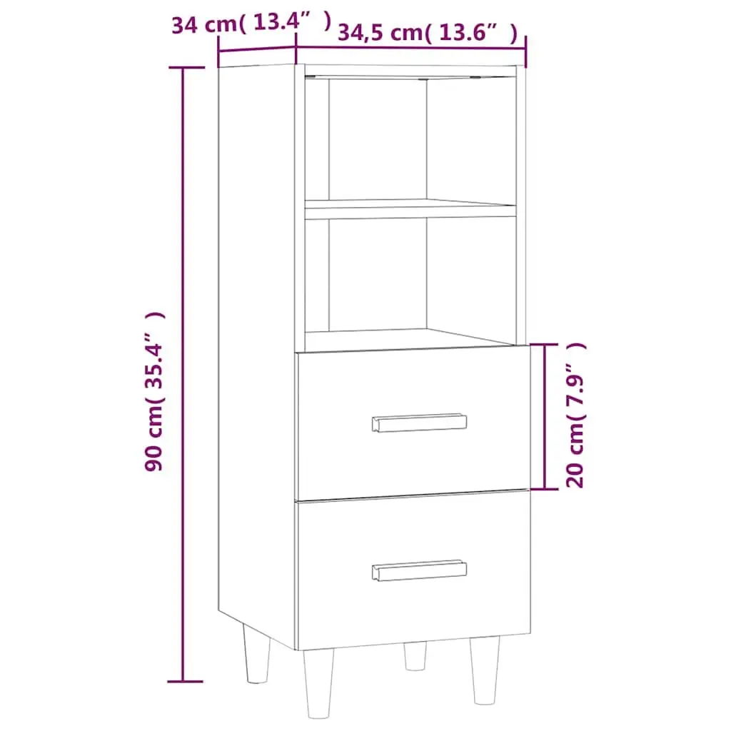 High Gloss White Sideboard 2 Drawers 2 Shelves Engineered Wood Storage Cabinet