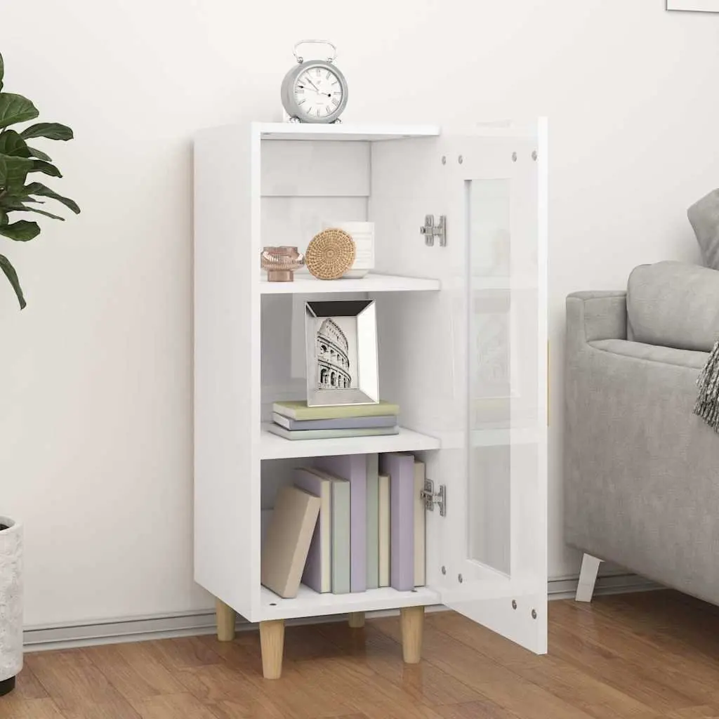 Sideboard High Gloss White Storage Cabinet 3 Compartments Glass Door Engineered