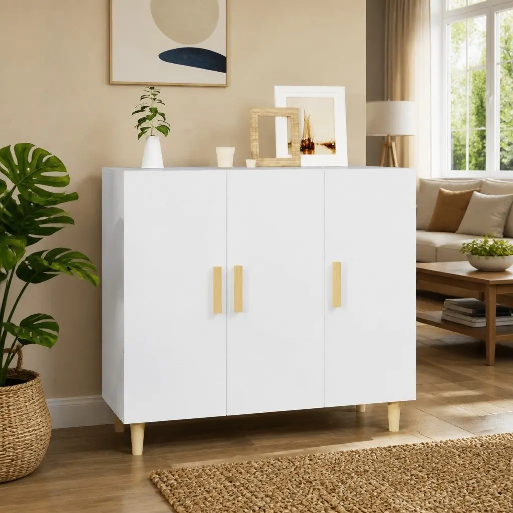 Sideboard Engineered Wood 90x34x80 cm White 3 Door Storage Cabinet