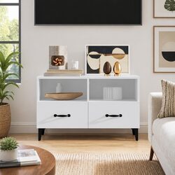 TV Cabinet White Engineered Wood Media Unit Storage Drawers Compartments Living