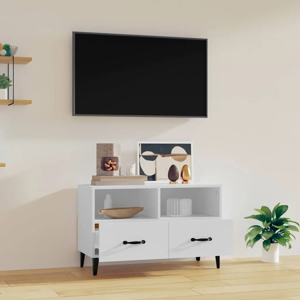 TV Cabinet White Engineered Wood Media Unit Storage Drawers Compartments Living