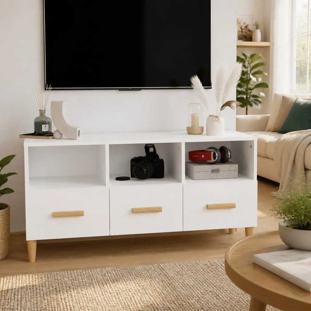 TV Cabinet Engineered Wood 102x36x50 cm White Modern Media Unit Storage Drawers Compartments
