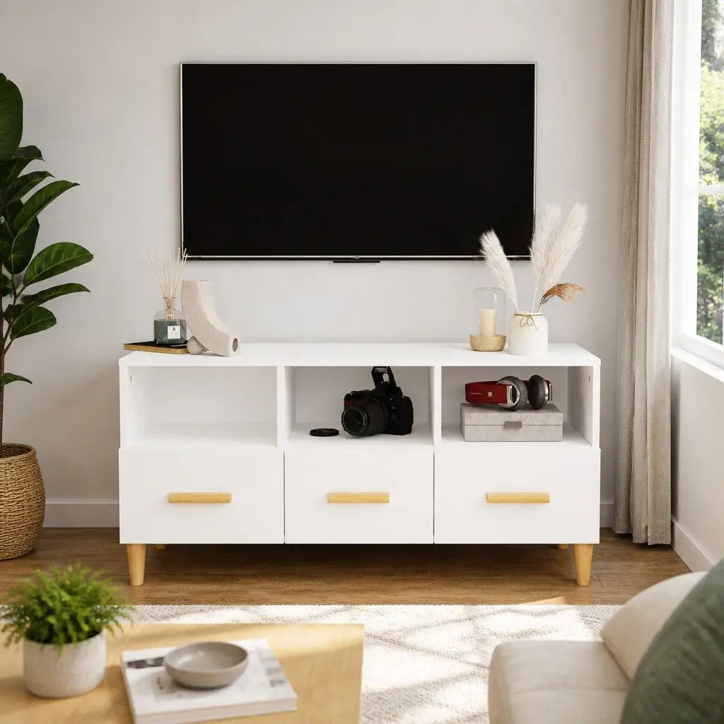 Media Unit TV Cabinet Engineered Wood High Gloss White 102x36x50cm Storage Drawers Compartments