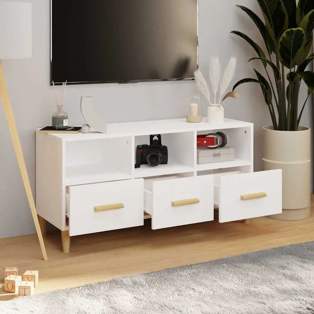 Media Unit TV Cabinet Engineered Wood High Gloss White 102x36x50cm Storage Drawers Compartments