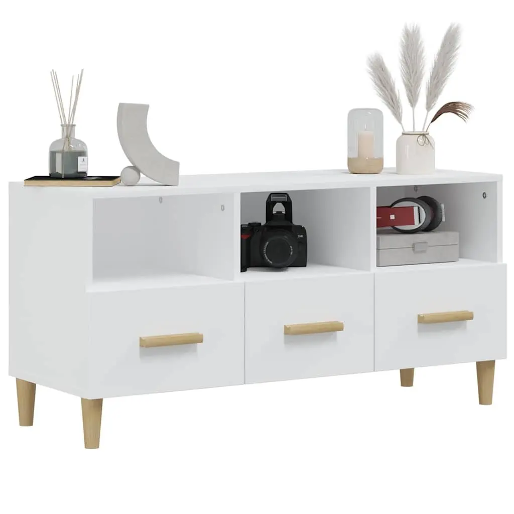Media Unit TV Cabinet Engineered Wood High Gloss White 102x36x50cm Storage Drawers Compartments