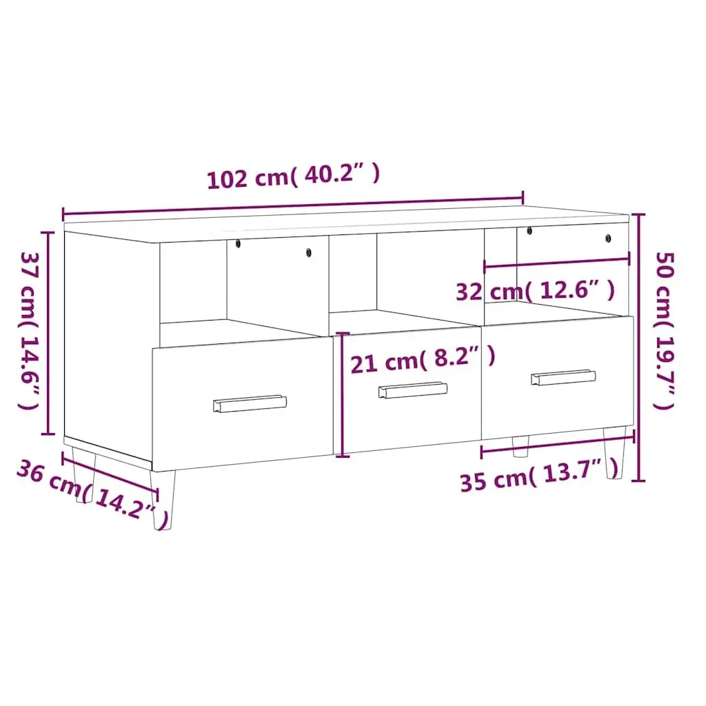 Media Unit TV Cabinet Engineered Wood High Gloss White 102x36x50cm Storage Drawers Compartments