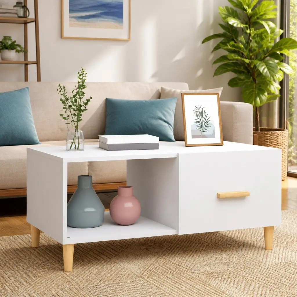 White Coffee Table 89.5x50x40cm Engineered Wood Living Room Side End Table