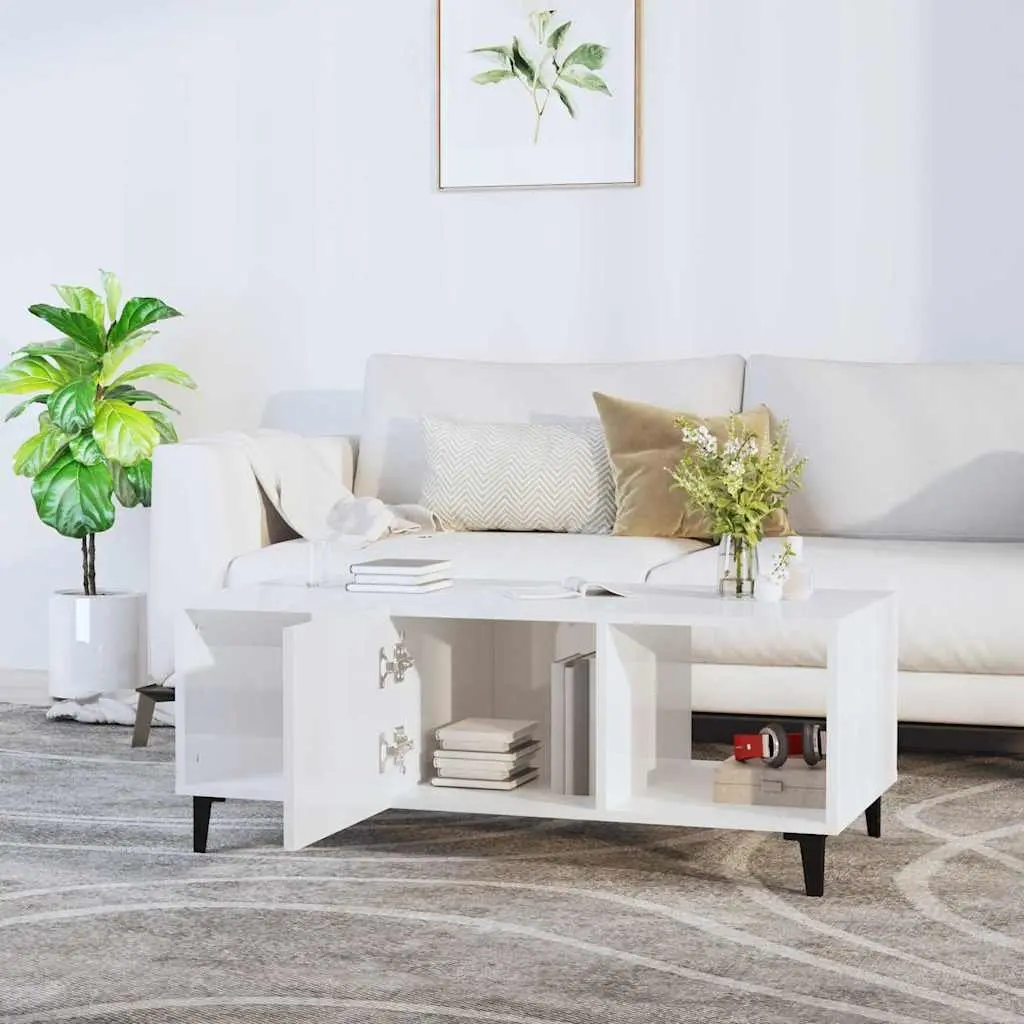 Coffee Table High Gloss White Storage Compartments Modern Living Room Accent