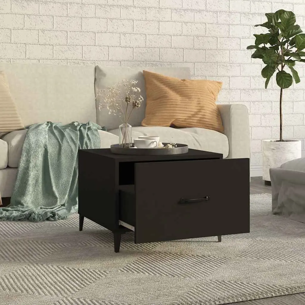 Coffee Table Set 2 Piece Black Metal Legs Engineered Wood 50x50x40 cm Storage Drawer