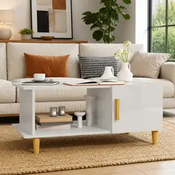 Coffee Table High Gloss White 90x50x40 cm Storage Compartment Shelf Accent