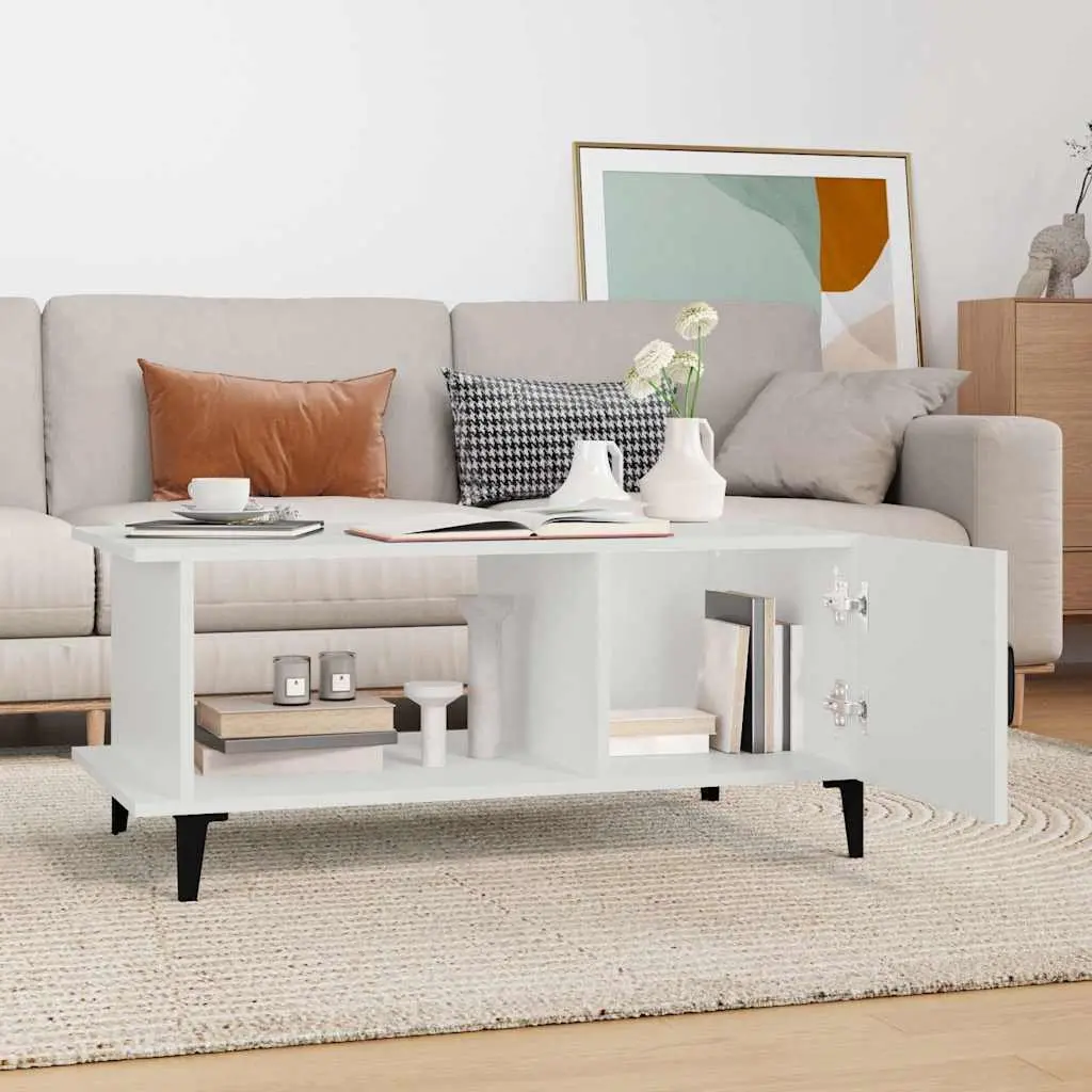 Coffee Table Engineered Wood White 90x50x40cm Metal Legs Shelving Storage Compartment