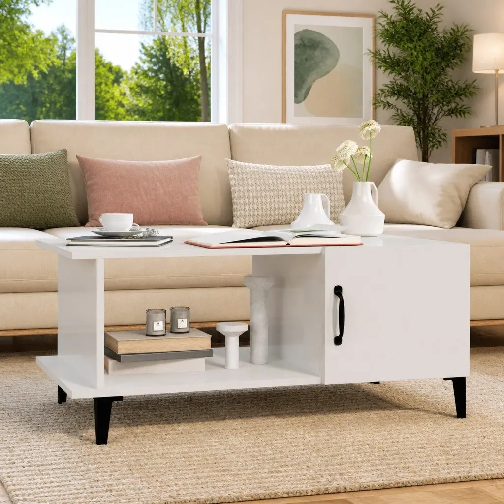 Coffee Table Engineered Wood High Gloss White 90L x 50W x 40H cm with Storage Compartment and Shelf Metal Legs