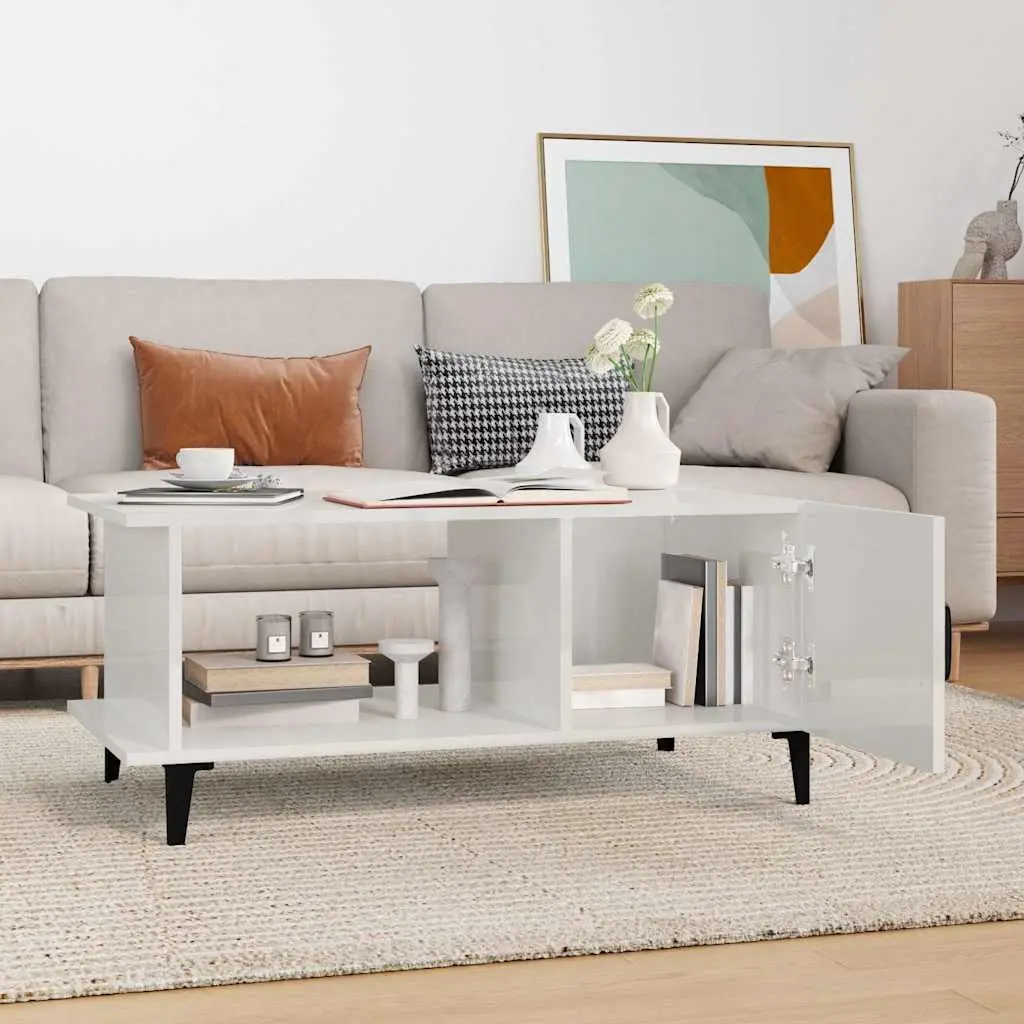Coffee Table Engineered Wood High Gloss White 90L x 50W x 40H cm with Storage Compartment and Shelf Metal Legs