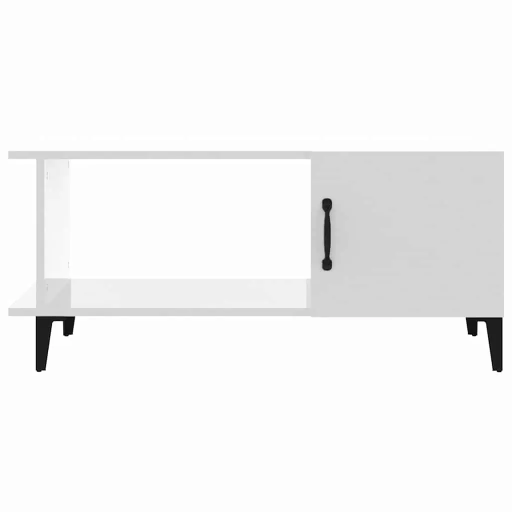 Coffee Table Engineered Wood High Gloss White 90L x 50W x 40H cm with Storage Compartment and Shelf Metal Legs