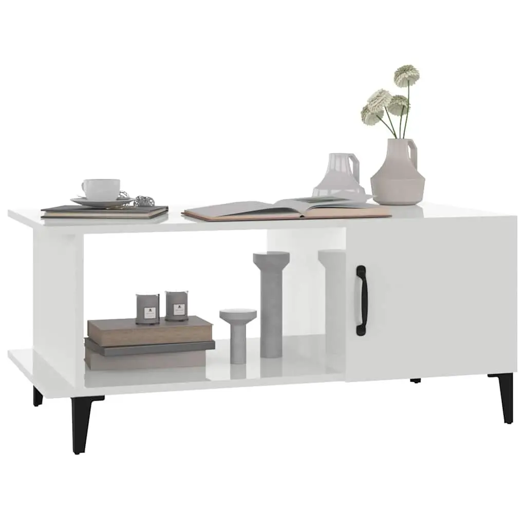 Coffee Table Engineered Wood High Gloss White 90L x 50W x 40H cm with Storage Compartment and Shelf Metal Legs