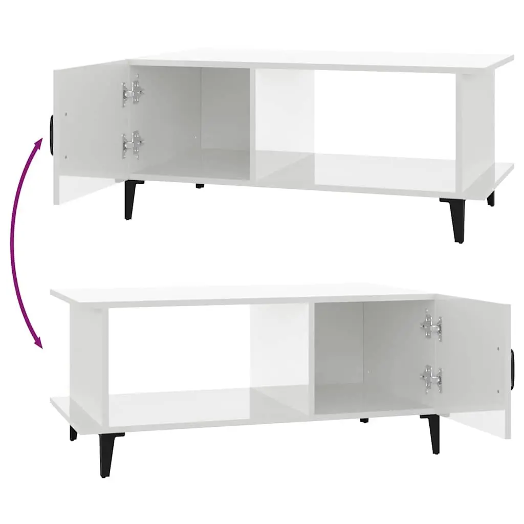Coffee Table Engineered Wood High Gloss White 90L x 50W x 40H cm with Storage Compartment and Shelf Metal Legs