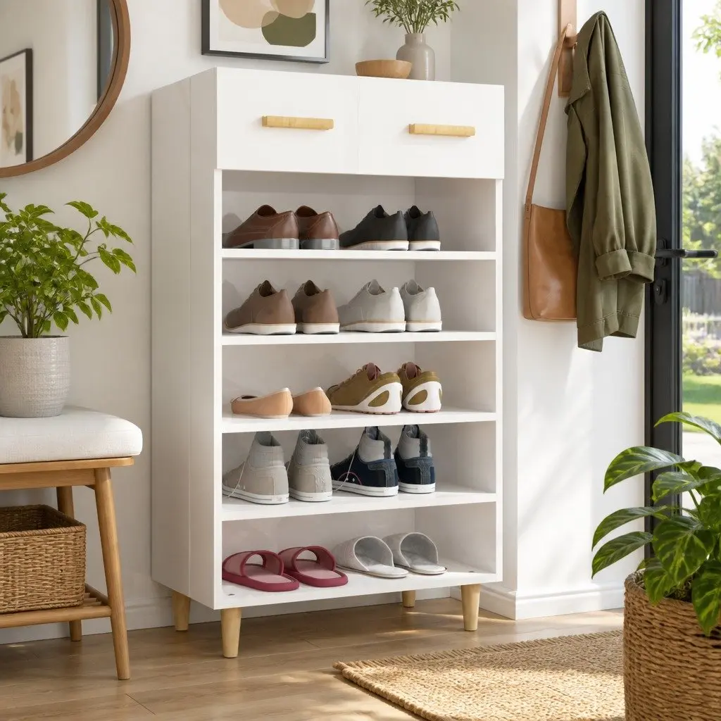 Shoe Cabinet White Tall Storage Organiser 5 Compartments 1 Drawer Cupboard