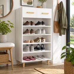 Shoe Cabinet White Tall Storage Organiser 5 Compartments 1 Drawer Cupboard