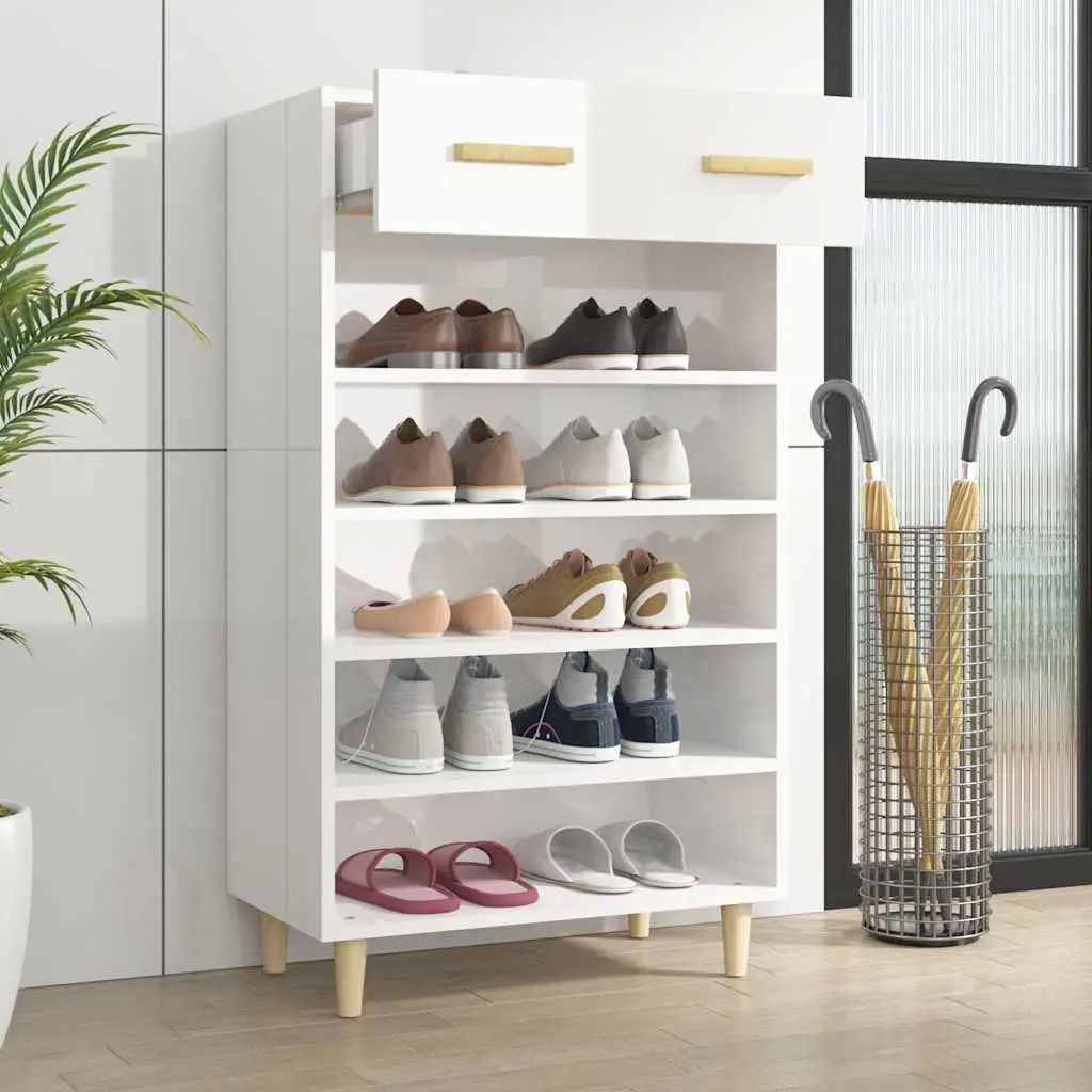 Shoe Cabinet White Tall Storage Organiser 5 Compartments 1 Drawer Cupboard