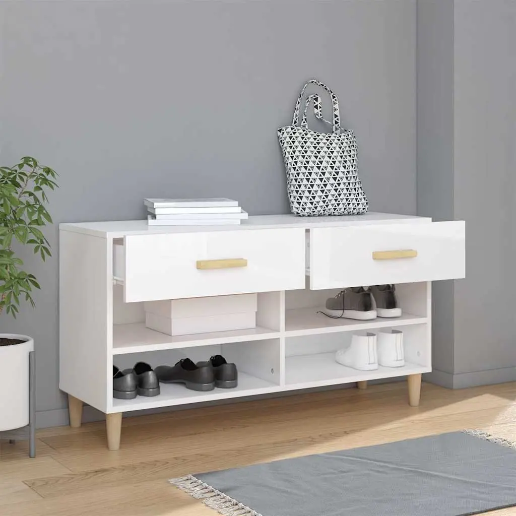Shoe Cabinet Engineered Wood High Gloss White 102W x 35D x 55H cm