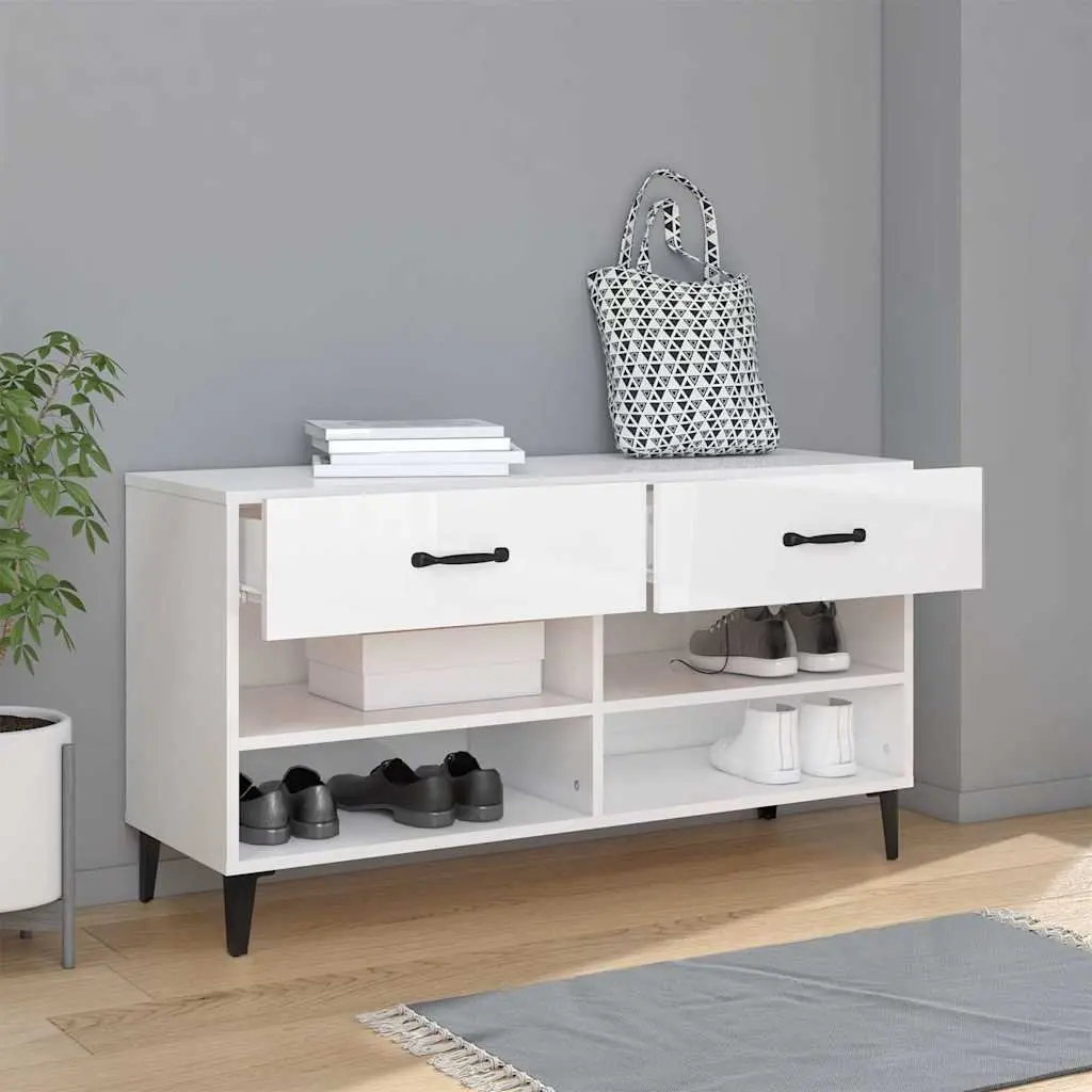 Shoe Storage Cabinet Engineered Wood High Gloss White 2 Drawers 4 Compartments