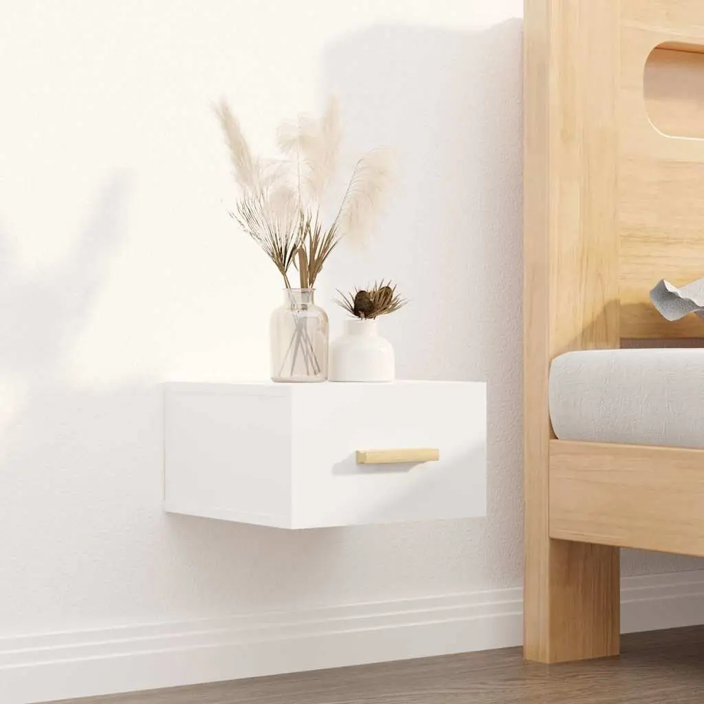 Floating Nightstands Storage Shelves Engineered Wood White High Gloss Wall-Mounted 2 Piece Set