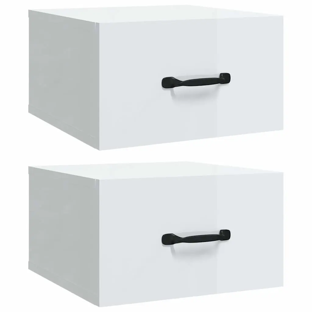 Floating Night Stands 2 Piece White High Gloss Engineered Wood Wall-mounted Bedside Cabinets 35x35x20cm Storage