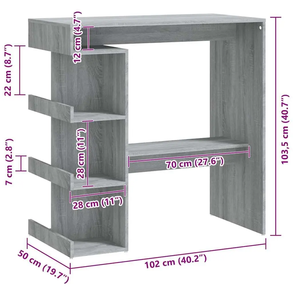 Bar Table with Storage Rack Grey Kitchen Dining Bistro Pub Furniture
