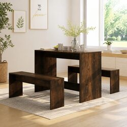 3 Piece Dining Set with Benches Modern Kitchen Table Chair Furniture Brown