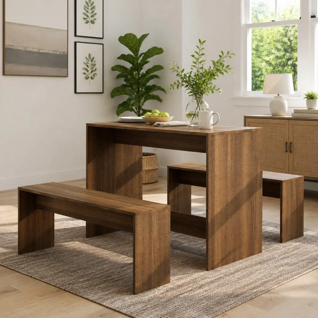 3 Piece Set Dining Furniture Engineered Wood Brown Modern Table Bench