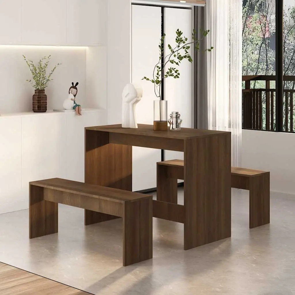 3 Piece Set Dining Furniture Engineered Wood Brown Modern Table Bench