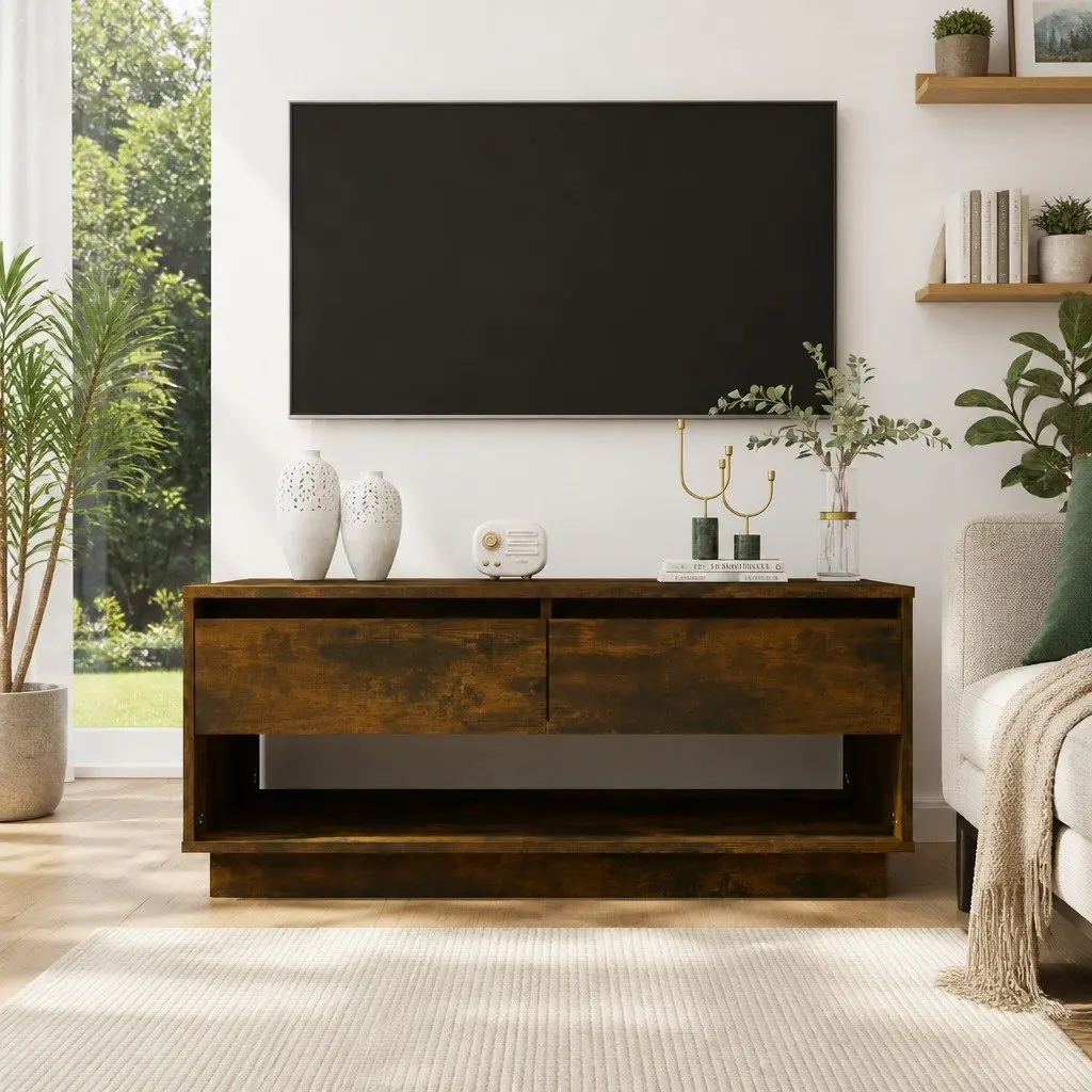 Brown TV Cabinet Engineered Wood 102x41x44 cm Durable Construction with 2 Drawers and 1 Open Compartment for Living Room Storage