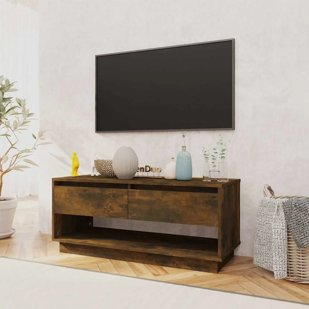 Brown TV Cabinet Engineered Wood 102x41x44 cm Durable Construction with 2 Drawers and 1 Open Compartment for Living Room Storage