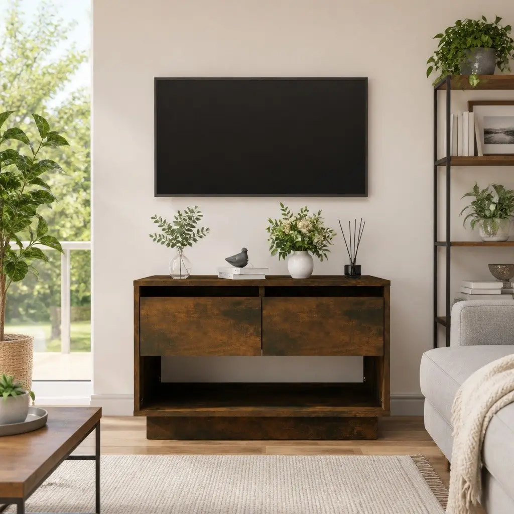 TV Cabinet Brown Living Room Storage Unit 2 Drawers Open Compartment Lowboard