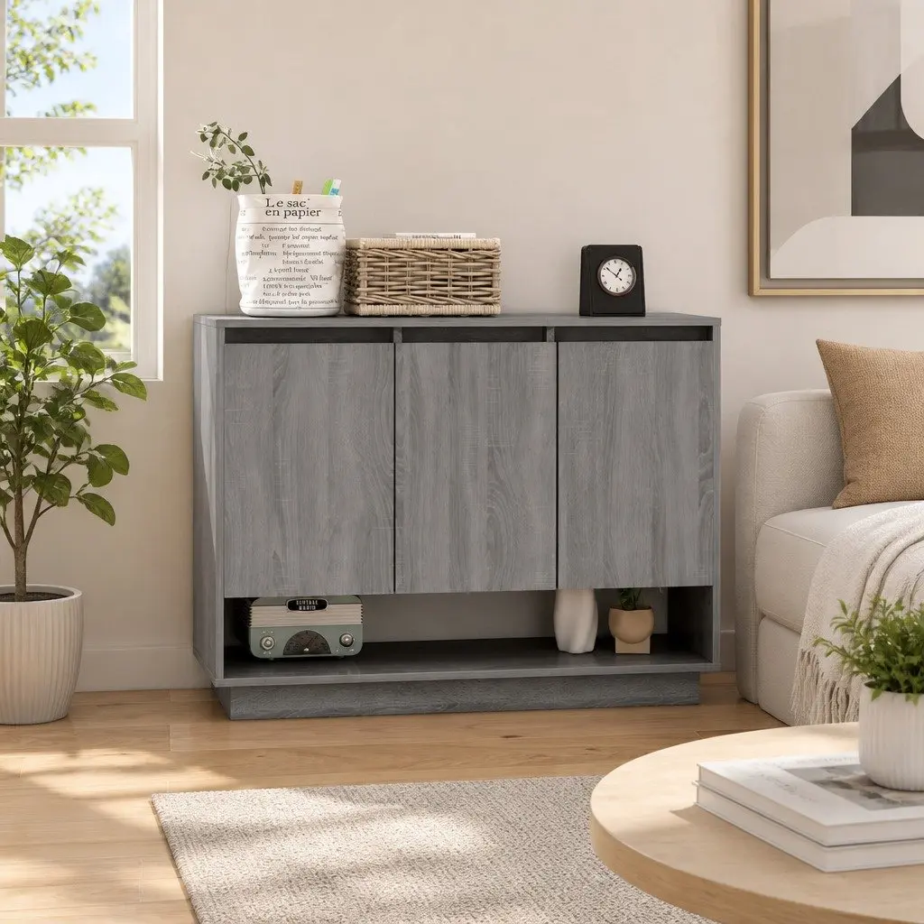 Sideboard Storage Cabinet Engineered Wood Grey 97x31x75cm 3 Door Buffet Cupboard Display Unit