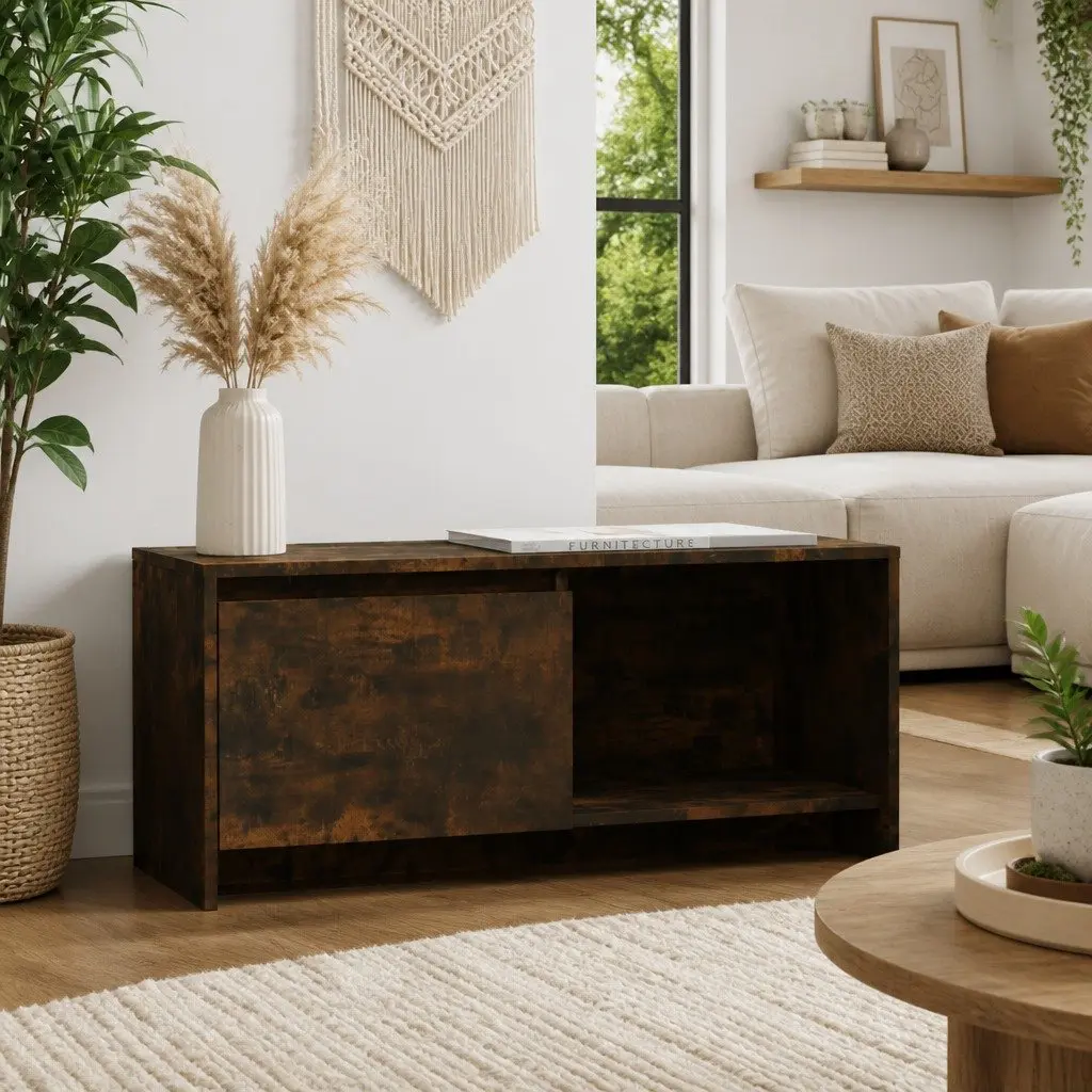 Lowboard TV Cabinet Engineered Wood 90x35x40cm Brown Media Storage Unit with Door Compartment