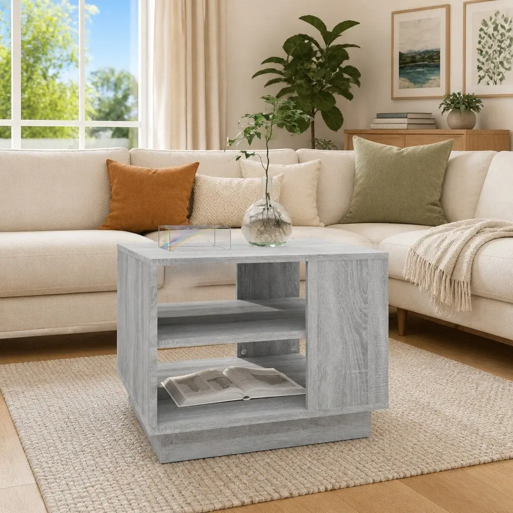 Coffee Table Engineered Wood Grey Square Modern with Storage Shelves