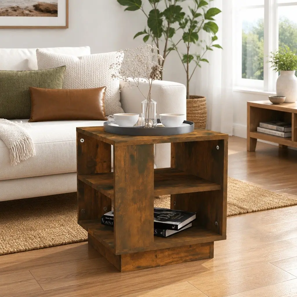Coffee Table Brown Engineered Wood 40x40x43cm with 2 Storage Shelves for Living Room