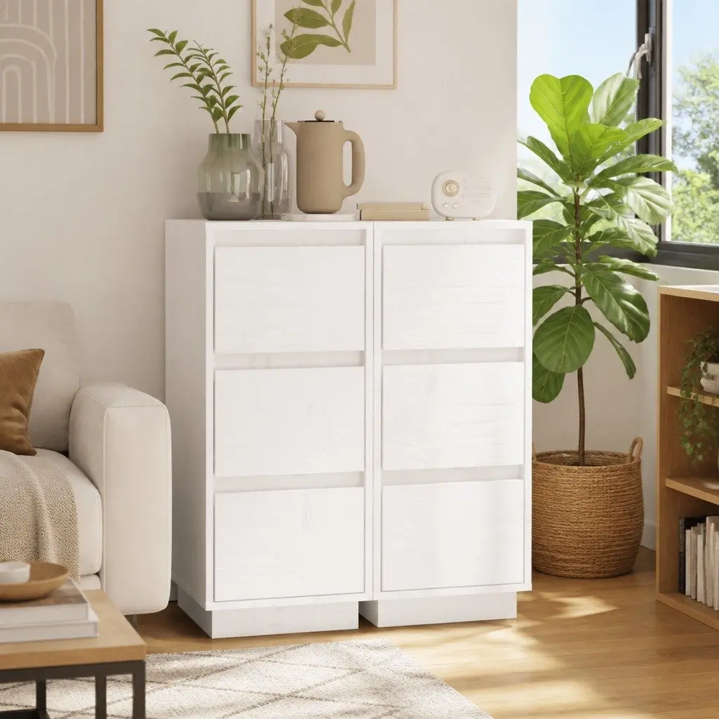 White Sideboards Solid Pinewood Construction Storage Cabinet 2 Pieces 32W x 34D x 75H cm