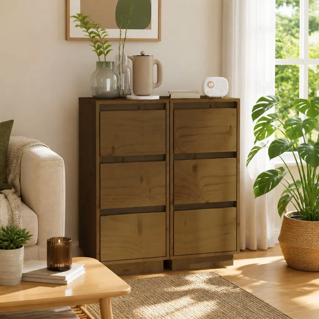 Sideboard Cabinet Solid Pinewood Honey Brown 32cm Width 34cm Depth 75cm Height