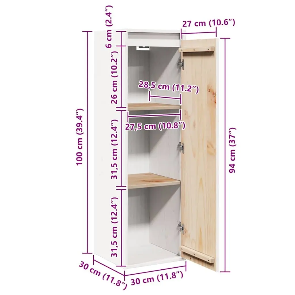White Solid Pinewood Wall-Mounted Cabinet Storage Unit 30x30x100cm