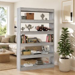 Book Cabinet Room Divider Grey Wooden Shelving Storage Standing Shelf Bookcase