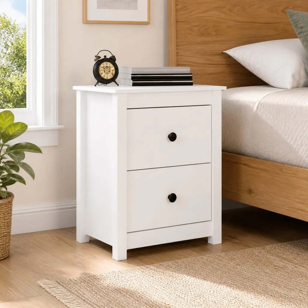 Bedside Cabinet Solid Pine Wood 50x35x61.5 cm White Nightstand Storage Drawers