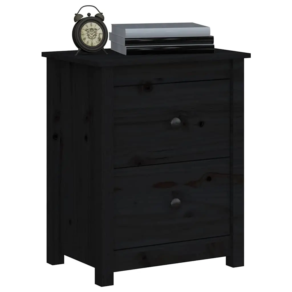 Bedside Tables Solid Pine Wood Black 2 Piece Nightstand with Drawer Storage