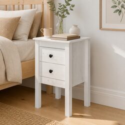 Bedside Cabinet White 40x35x61.5cm 2 Drawer Solid Wood Bedroom Storage Table